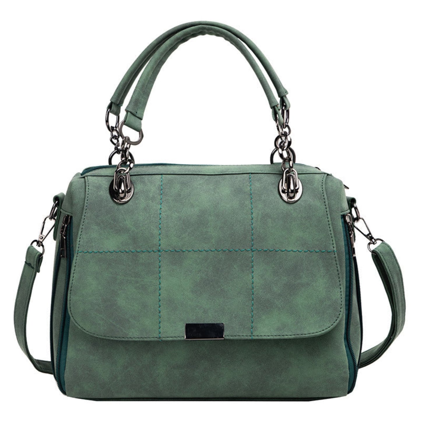 Women's green matte PU leather large capacity Boston shoulder tote bag with dual top handles, silver chain hardware, quilted stitch detail, front flap closure, and adjustable crossbody strap — Avenue