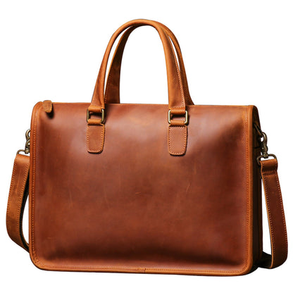 Men's Crazy Horse Leather Briefcase | Vintage Laptop Bag – Vintage Brown Front View with Top Handles, Antique Brass Hooks and Shoulder Strap on White Background by Avenue