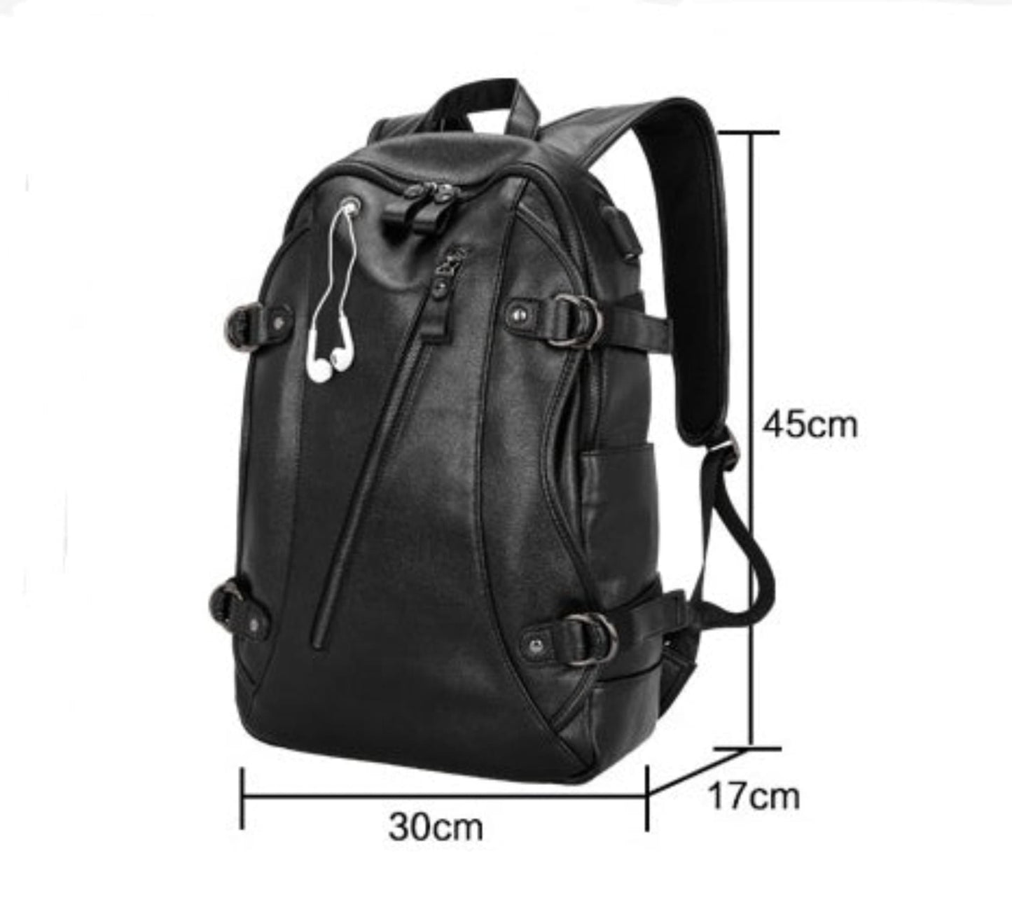 Men's leather backpack with USB charging port in black showing measurements on a white background | Avenue