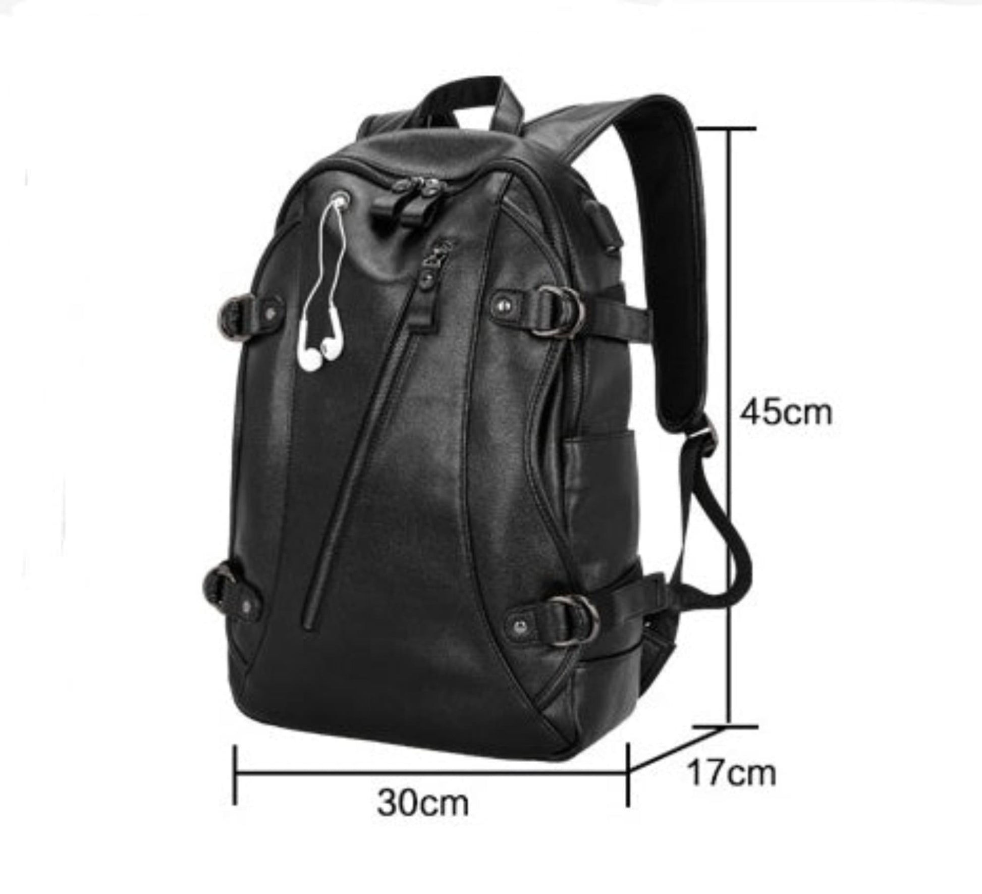 Men's leather backpack with USB charging port in black showing measurements on a white background | Avenue