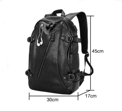 Men's leather backpack with USB charging port in black showing measurements on a white background | Avenue