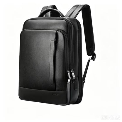 Men's full grain glazed black cowhide leather laptop backpack showing side zipper | Avenue