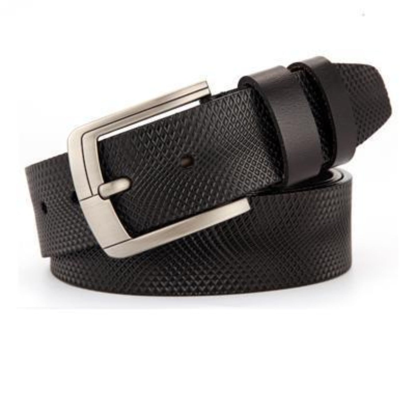 Men's leather belt with silver slim pin buckle with center line in black on white background | Avenue