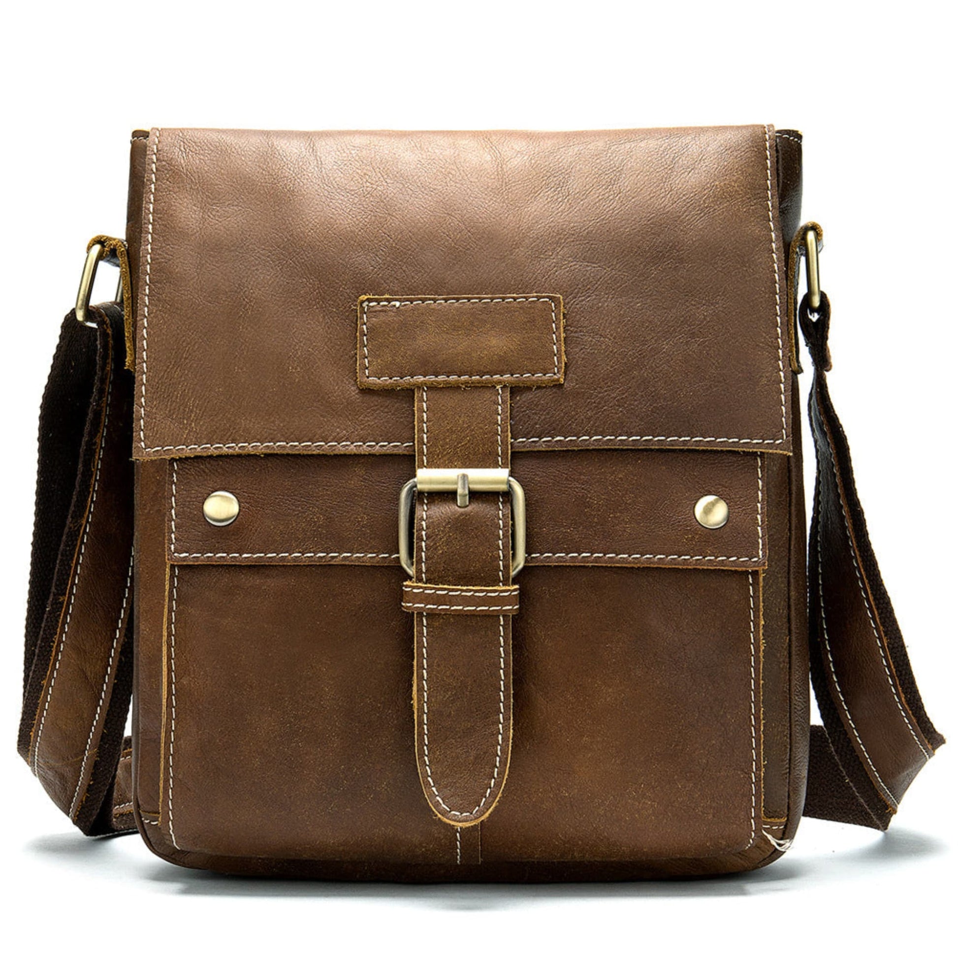 Avenue Men's Genuine Leather Crossbody Bag — Cowhide Shoulder Bag in matte brown, front view with brass buckle closure and adjustable single strap