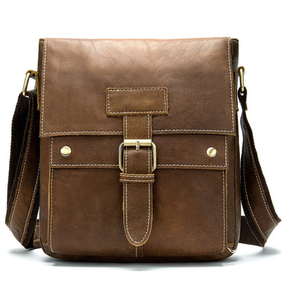 Avenue Men's Genuine Leather Crossbody Bag — Cowhide Shoulder Bag in matte brown, front view with brass buckle closure and adjustable single strap