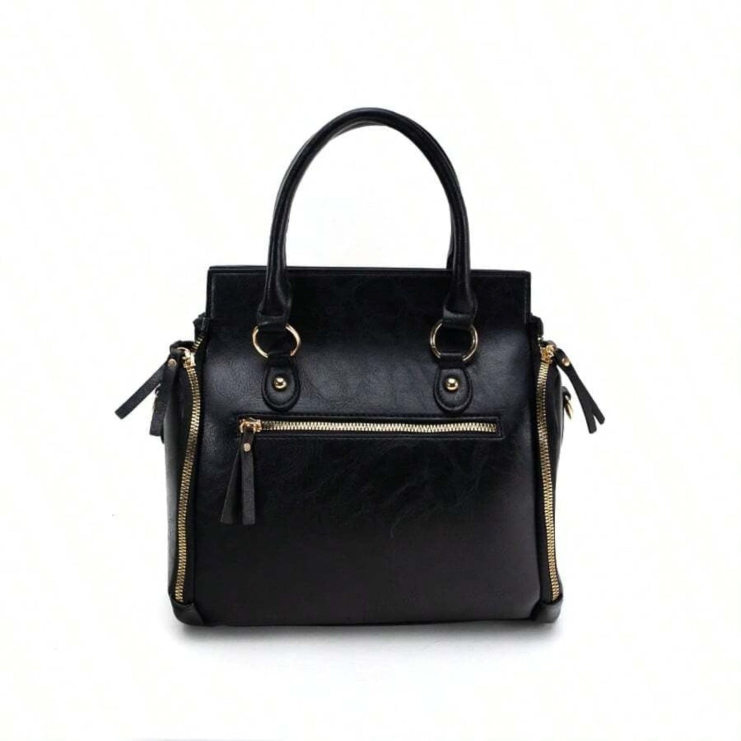 Ladies glossy vintage tote bag in black with gold accents and zipper, front view on white background | Avenue