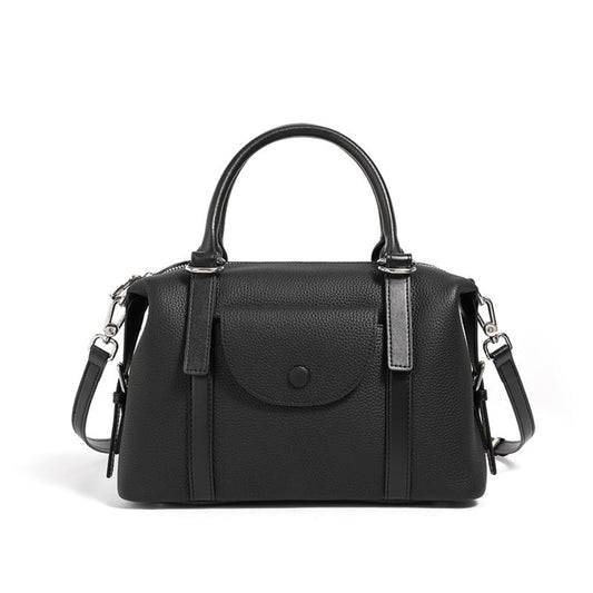 Avenue Black Women’s Genuine Leather Shoulder Handbag with top handles, front flap, and shoulder strap, displayed on a white background.
