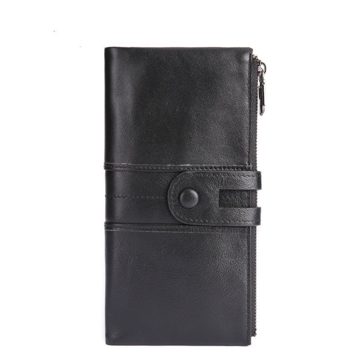 Women's RFID  Long Leather Wallet first layer cowhide in Black with Fastening Strap and Zipper – Avenue