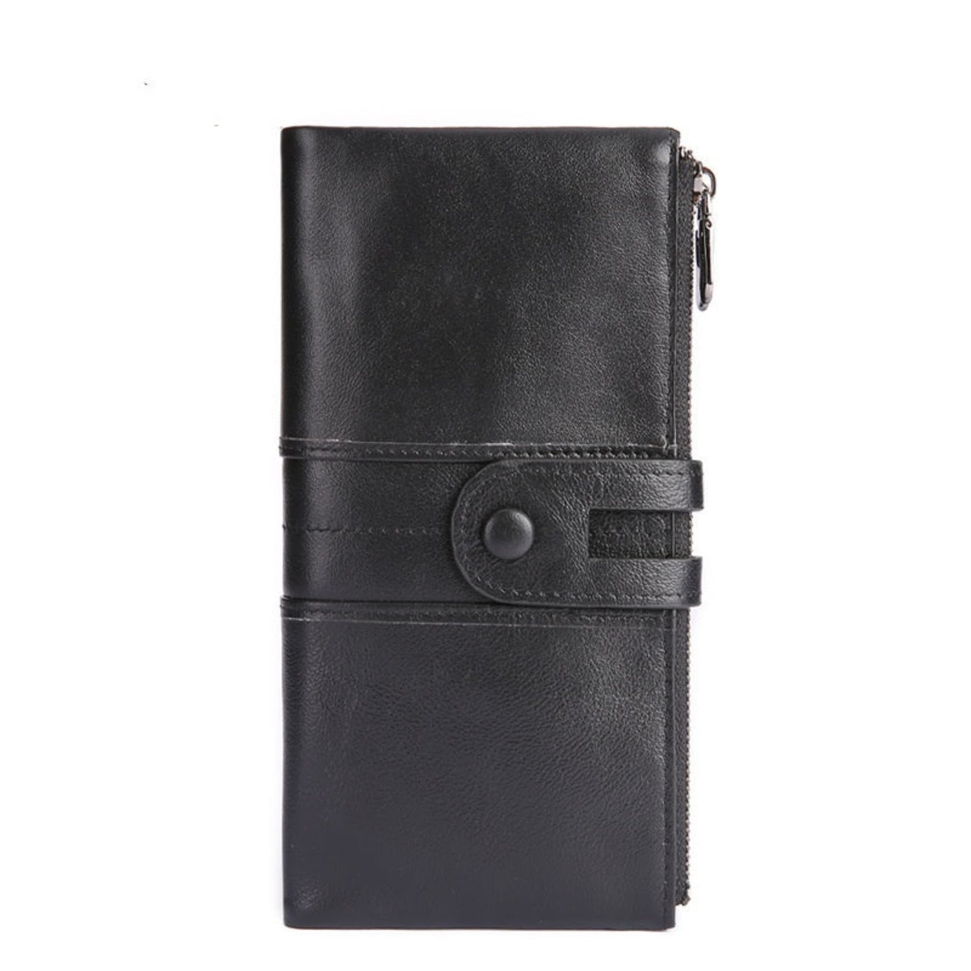 Women's RFID  Long Leather Wallet first layer cowhide in Black with Fastening Strap and Zipper – Avenue