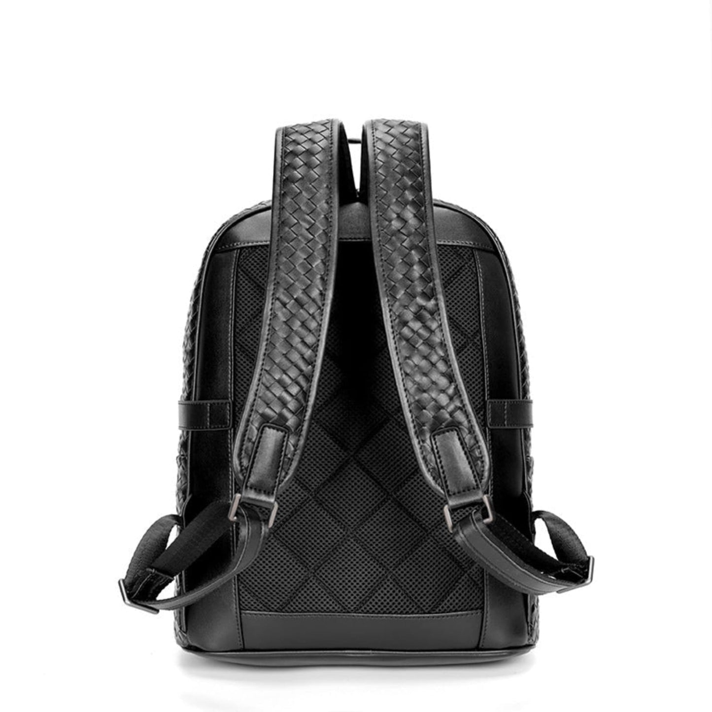 Black braided leather backpack for men – rear view showing padded mesh back panel and adjustable braided shoulder straps | Avenue