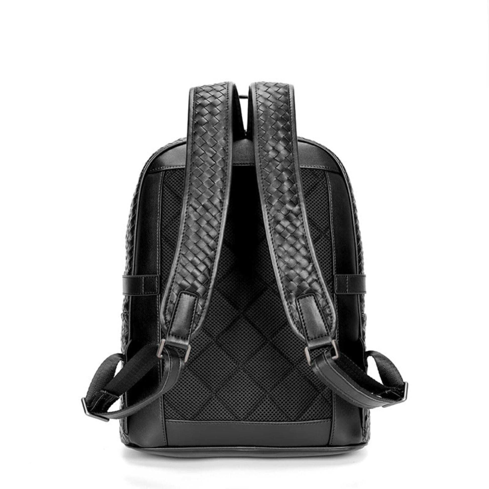 Black braided leather backpack for men – rear view showing padded mesh back panel and adjustable braided shoulder straps | Avenue
