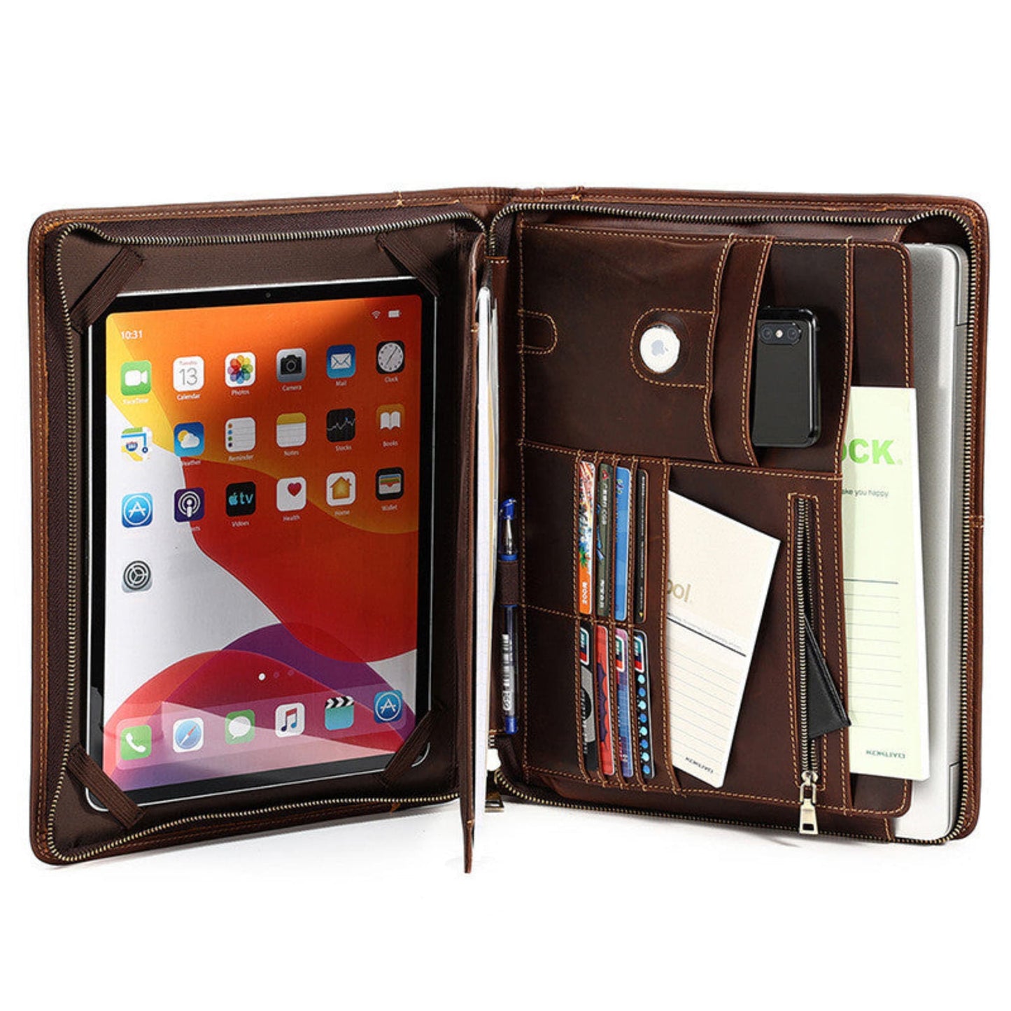 Avenue Men's Crazy Horse Leather Laptop Briefcase 13.3 Inch — Interior View Showing Tablet Sleeve, Laptop Compartment, Card Slots, Phone Pocket, Pen Holders and Document Pockets in Coffee Brown