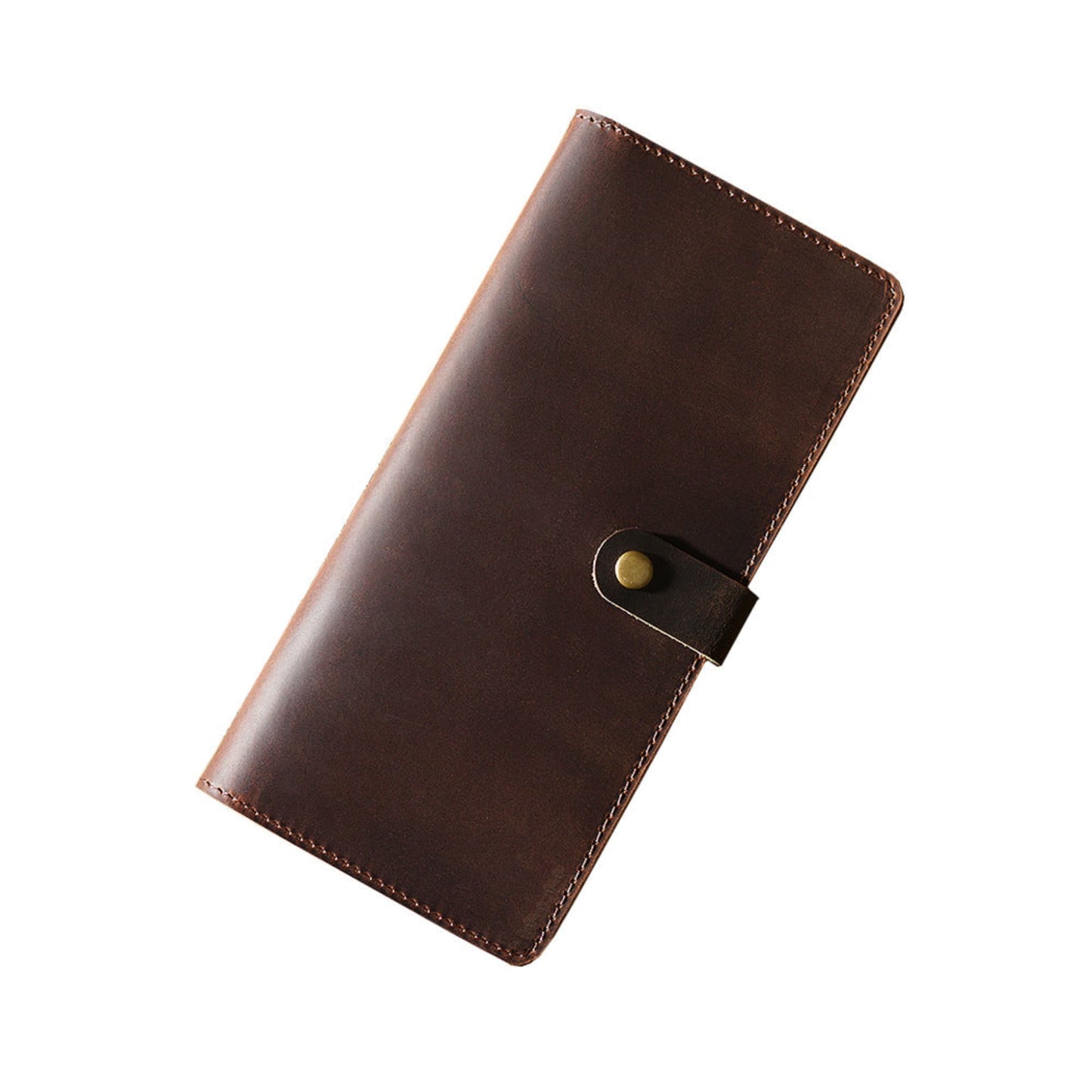 Avenue Retro Crazy Horse Leather Long Wallet in Coffee – Unisex Genuine Leather Wallet with Brass Snap Closure