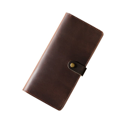 Avenue Retro Crazy Horse Leather Long Wallet in Coffee – Unisex Genuine Leather Wallet with Brass Snap Closure