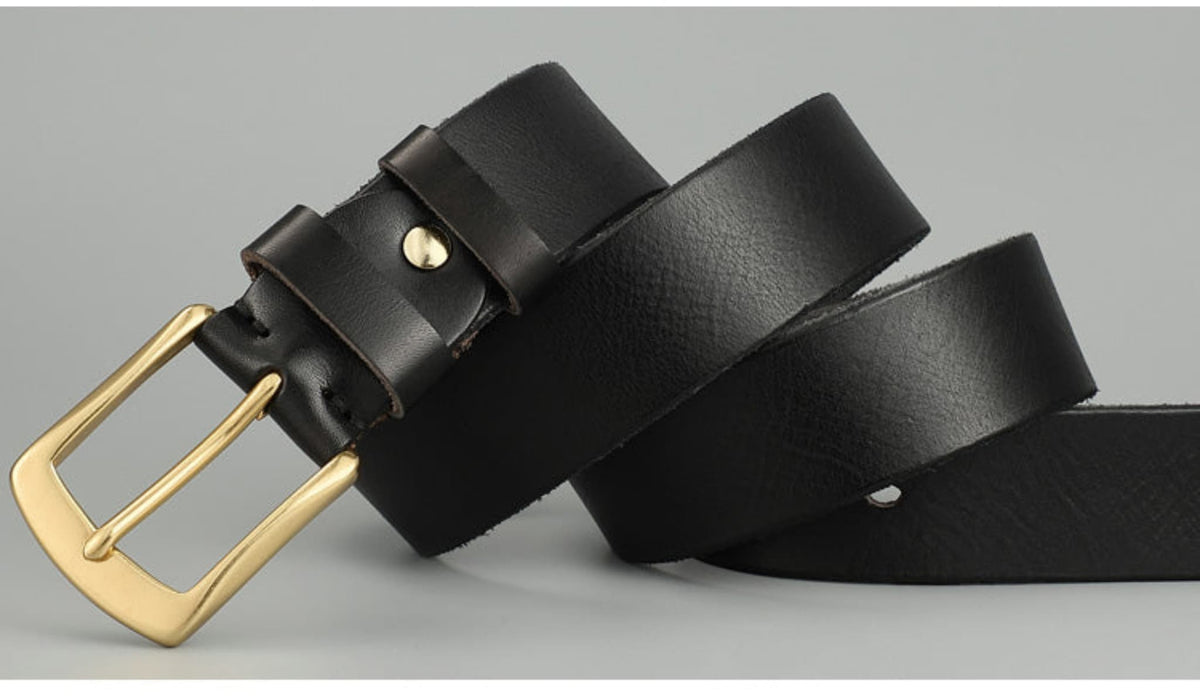 Avenue Men's Handmade Cowhide Leather Belt in Black — Rugged Artisan Character with Gold Pin Buckle, Full Length View on Grey Background