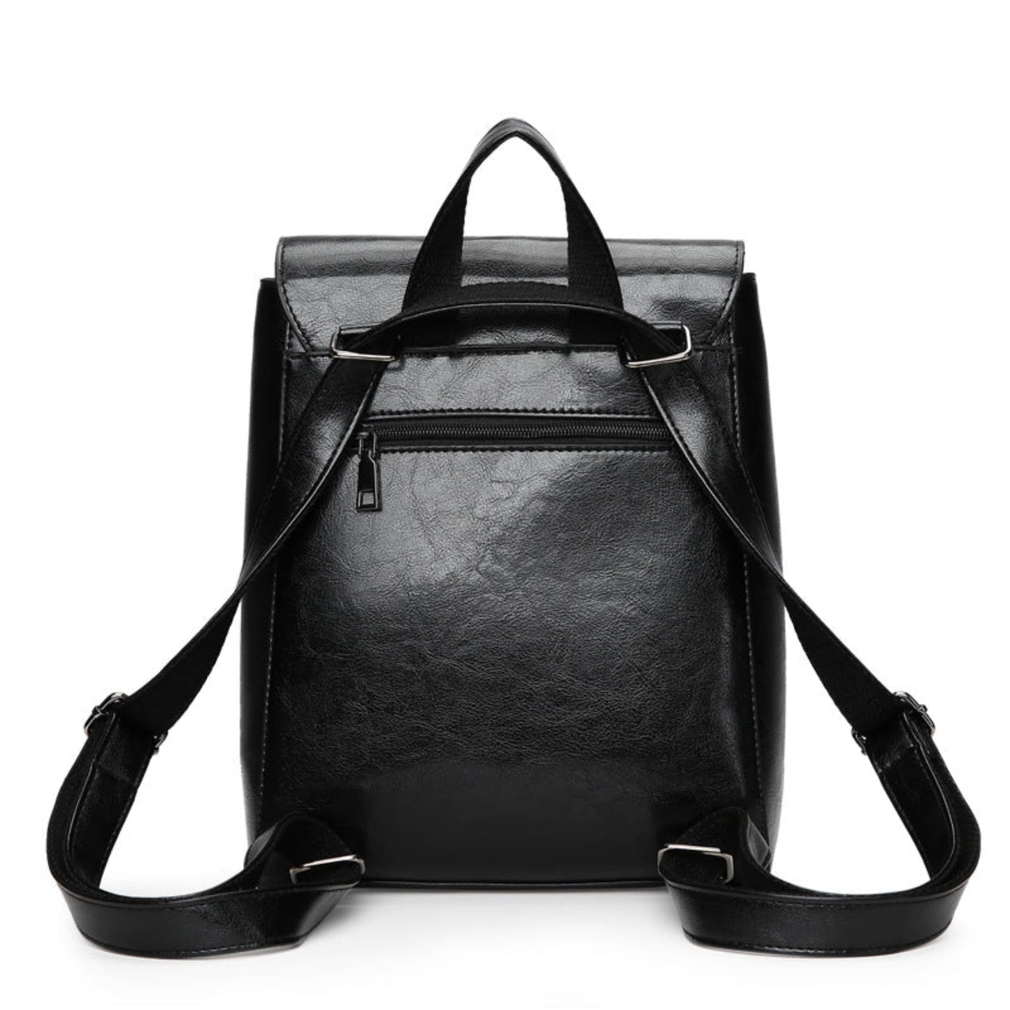 Women's PU Leather Flap Backpack in Black – Back View Showing Zip Pocket, Dual Adjustable Backpack Straps & Short Top Handle | Avenue