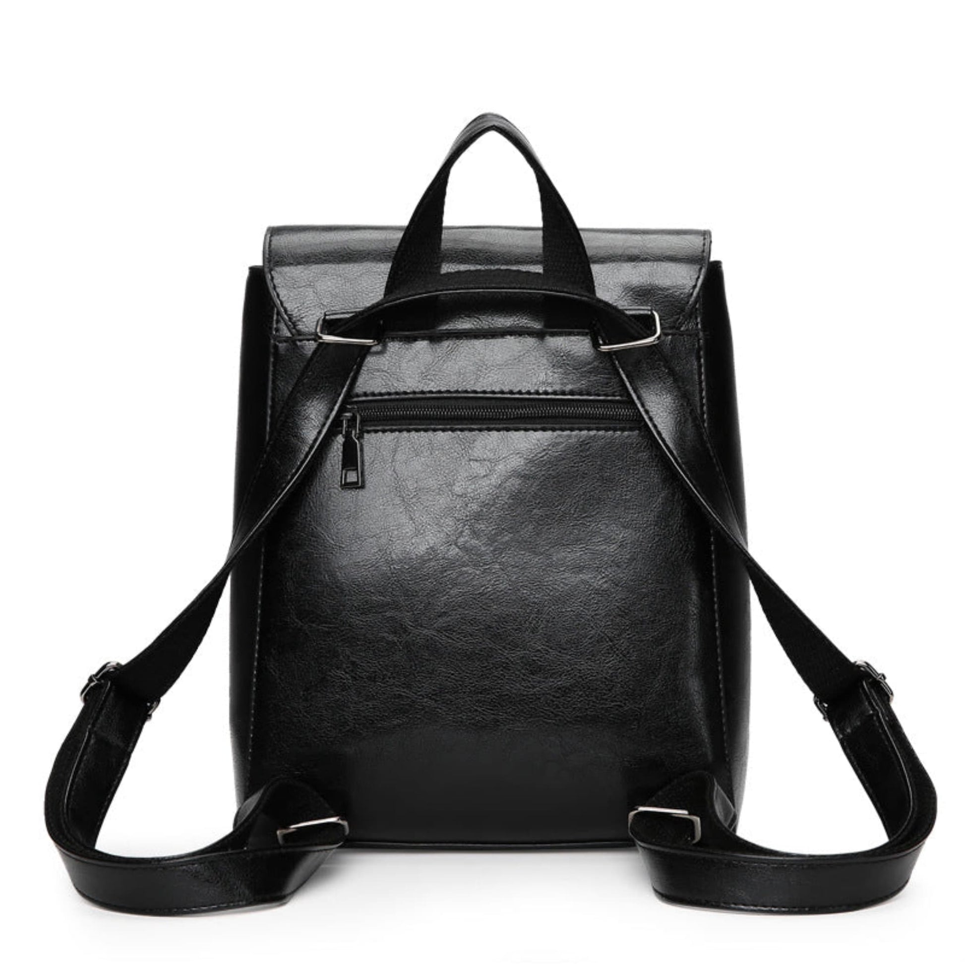 Women's PU Leather Flap Backpack in Black – Back View Showing Zip Pocket, Dual Adjustable Backpack Straps & Short Top Handle | Avenue