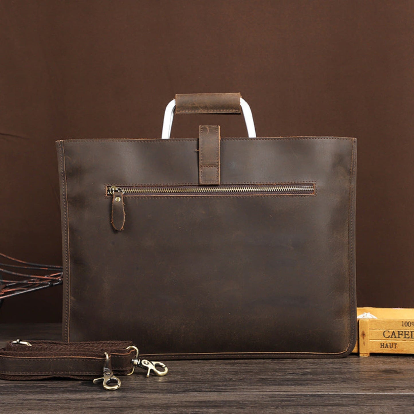 Avenue Men's Crazy Horse Leather Briefcase Coffee 6004 — Back View Showing Zip Pocket and Detachable Shoulder Strap