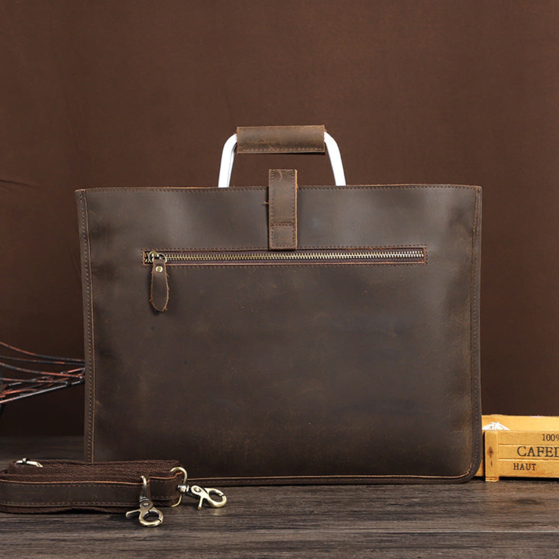 Avenue Men's Crazy Horse Leather Briefcase Coffee 6004 — Back View Showing Zip Pocket and Detachable Shoulder Strap