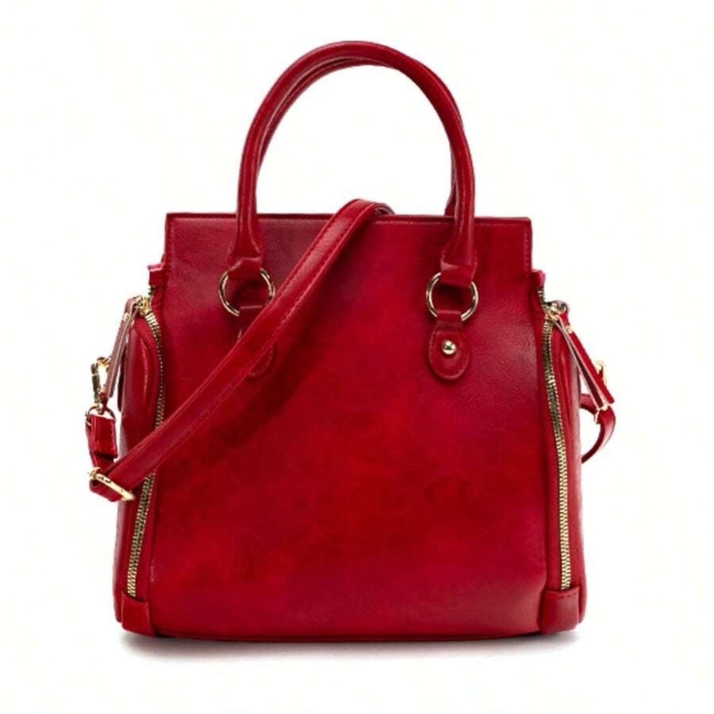 Ladies glossy vintage tote bag in red with gold accents, back view on white background | Avenue