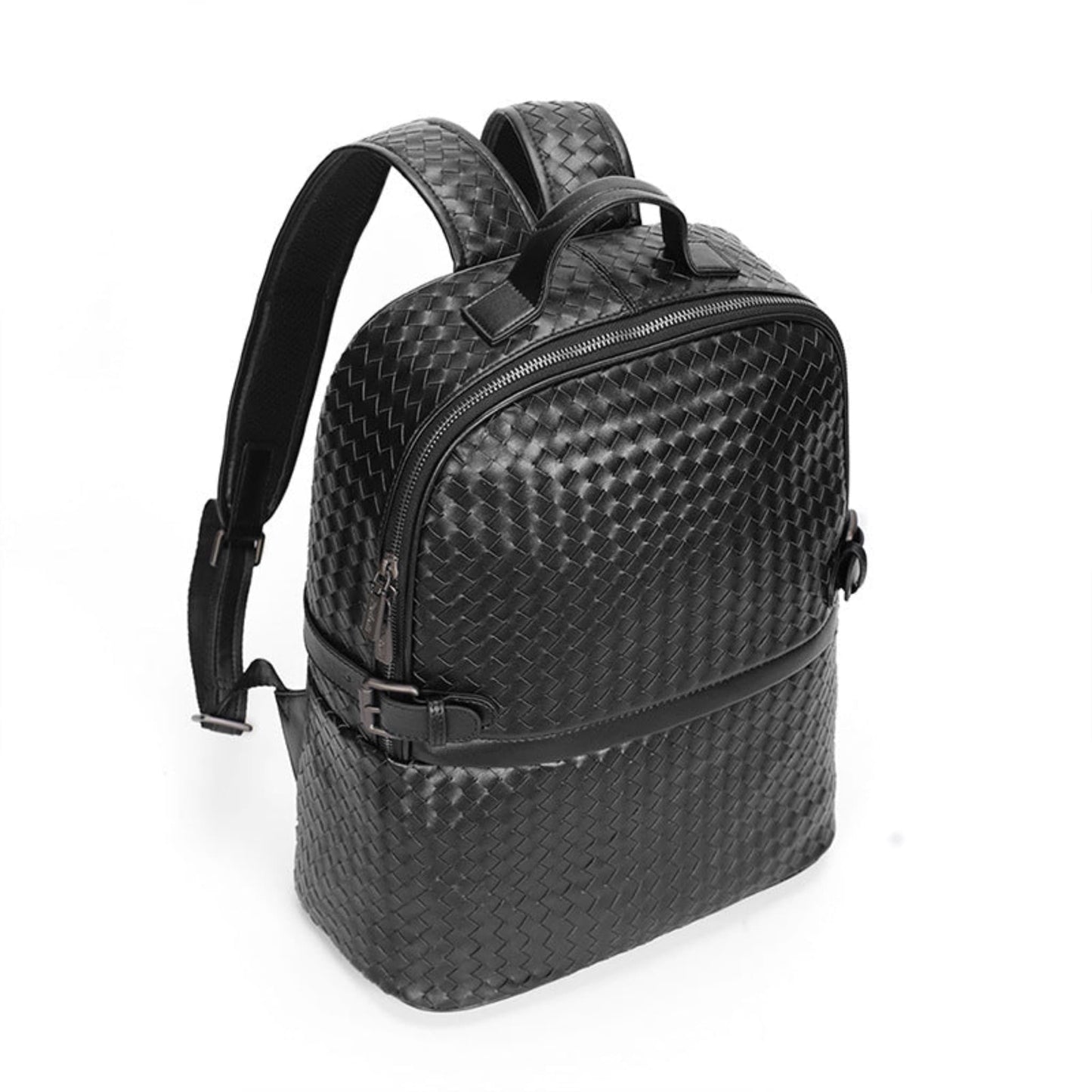 Black braided leather backpack for men – angled side view showing padded straps and metal buckle detail | Avenue