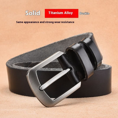Premium Genuine Leather Pin Buckle Belt for Men in Black — close-up of solid alloy pin buckle with smooth outer grain leather strap on tan background | Avenue