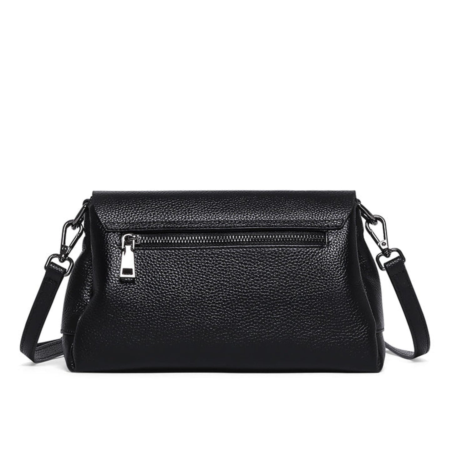 woMen's soft leather shoulder messenger bag in black on white background back view with zipper pocket| Avenue