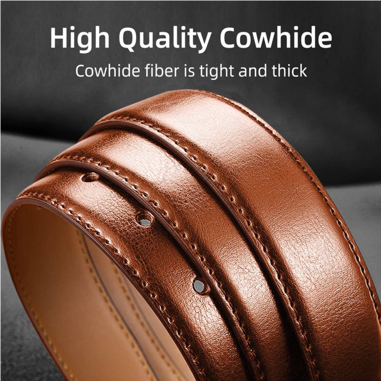 Women's light brown genuine leather dress belt – close-up of high quality cowhide leather with tight dense fiber texture and double stitching – Avenue