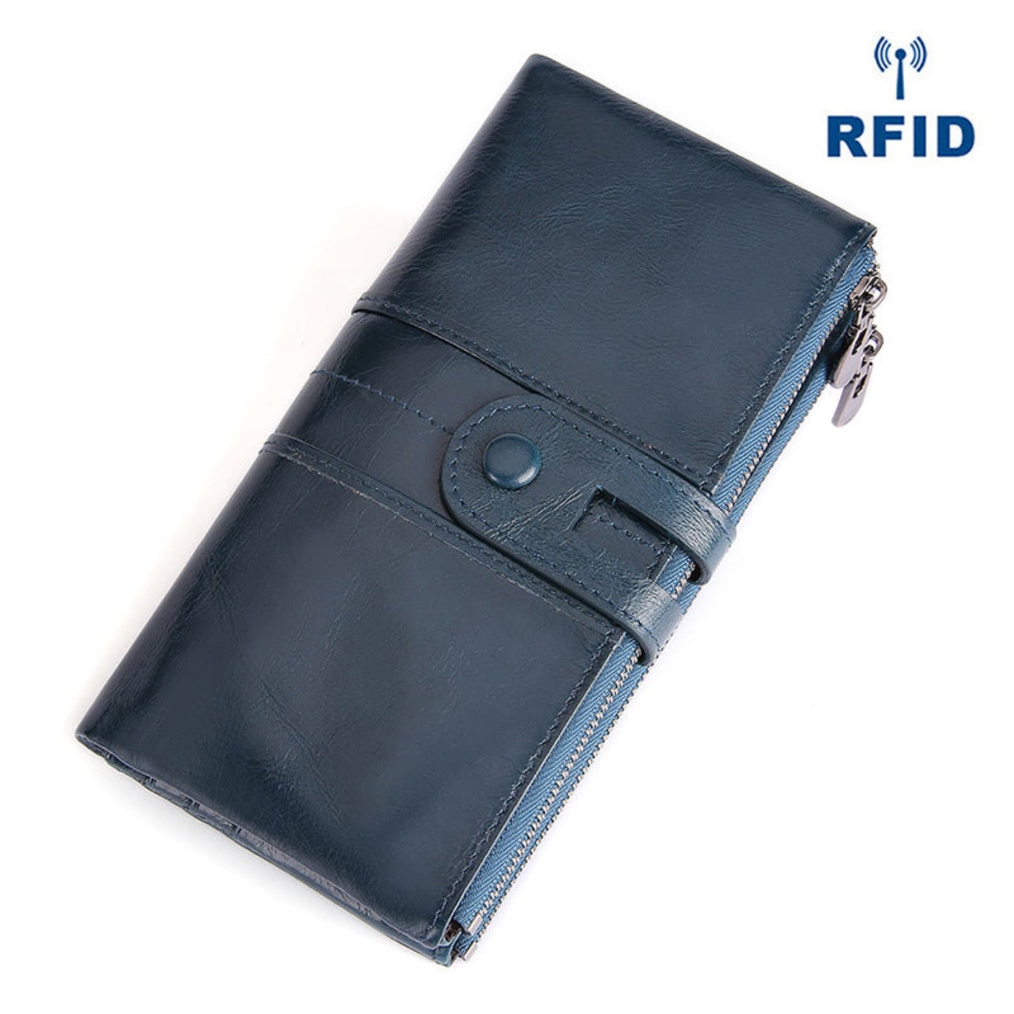 Women's RFID Long Leather Wallet first layer cowhide in Blue with Fastening Strap and Zipper — angled top view | Avenue