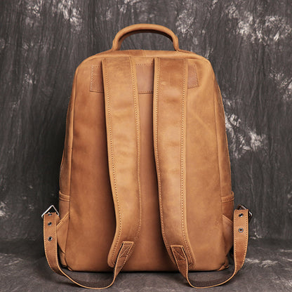 Avenue Brown Yellow Retro Crazy Horse leather backpack for men – back view showing padded shoulder straps, top carry handle, and adjustable strap buckles