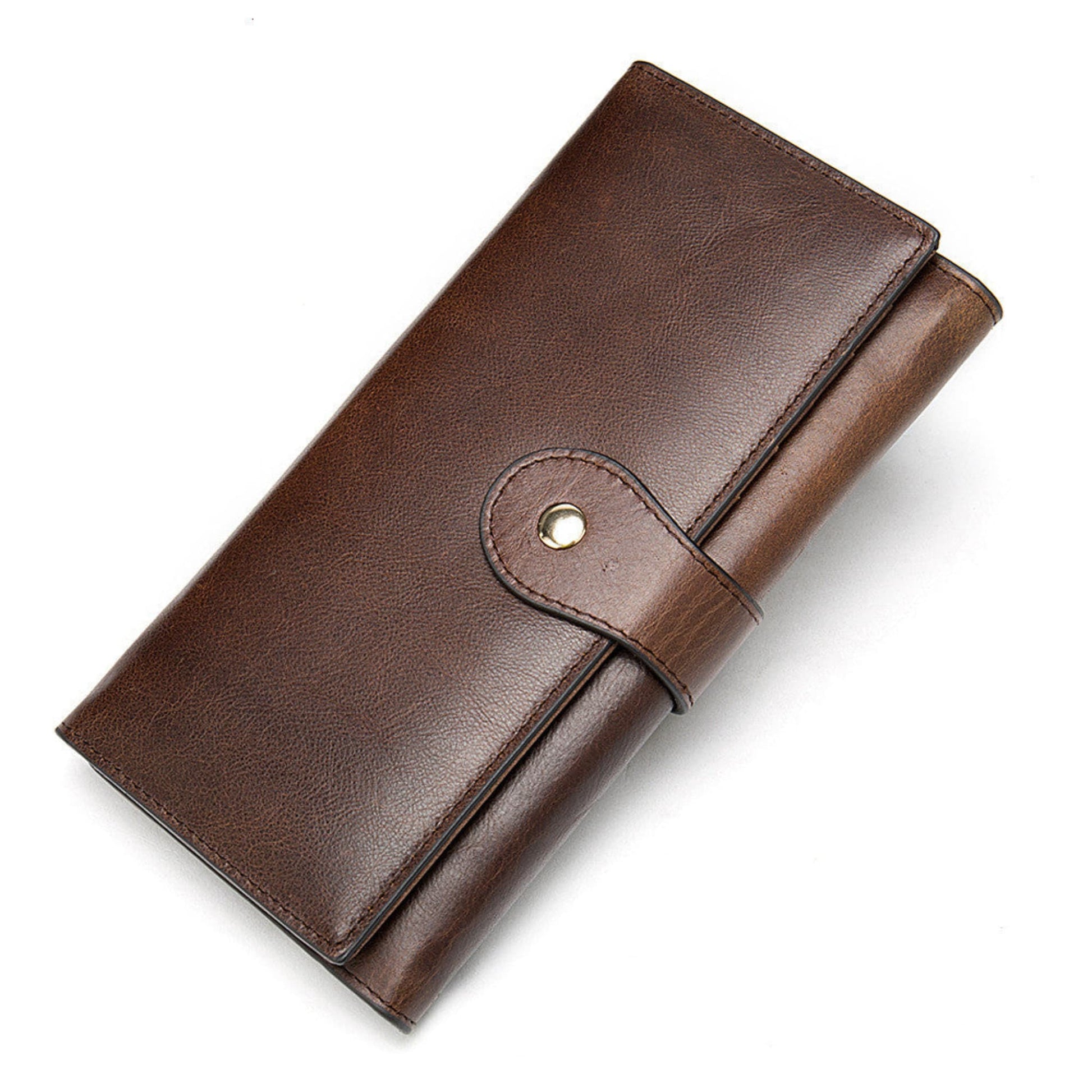 RFID Protected Women's Leather Wallet in Coffee with Gold Snap Closure – Front View | Avenue
