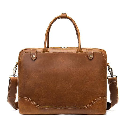 Avenue Crazy Horse Leather Men's Laptop Briefcase — coffee front view, dual handles, brass zipper, shoulder strap, retro vintage style