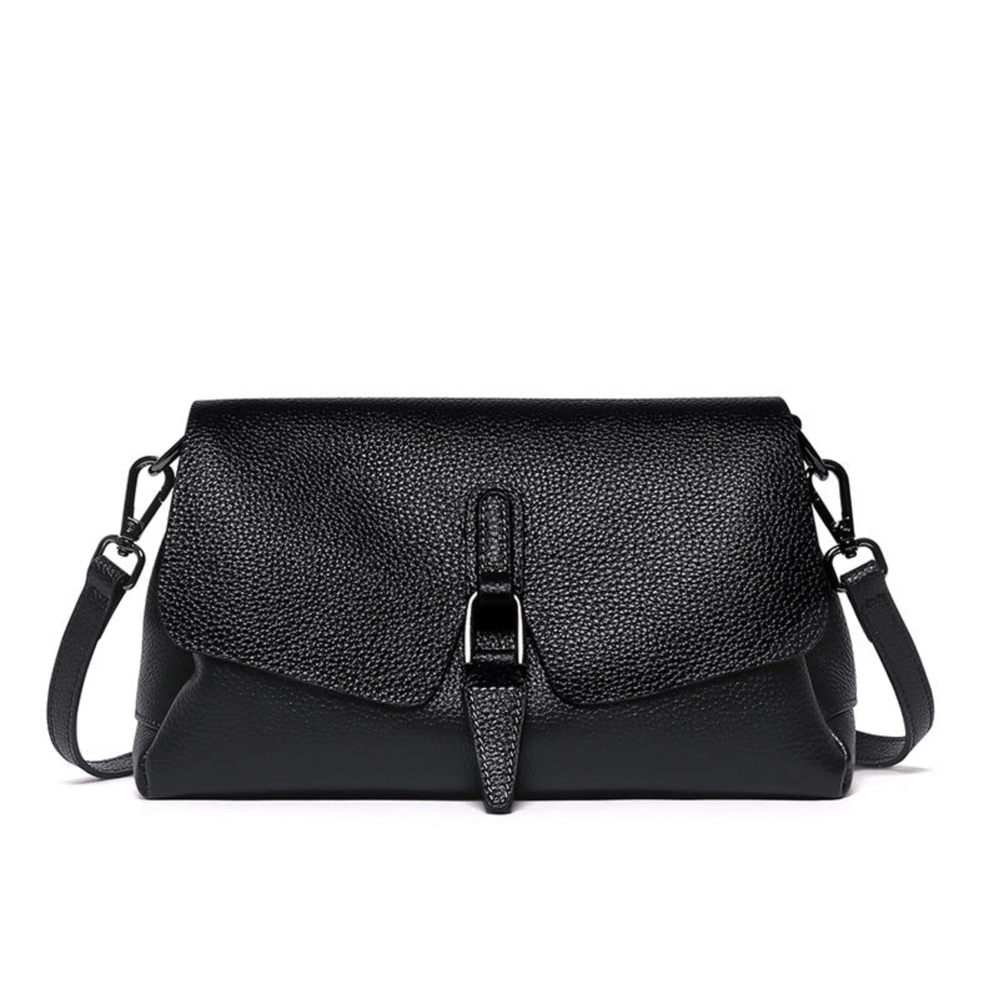 woMen's soft leather shoulder messenger bag in black on white background front view | Avenue
