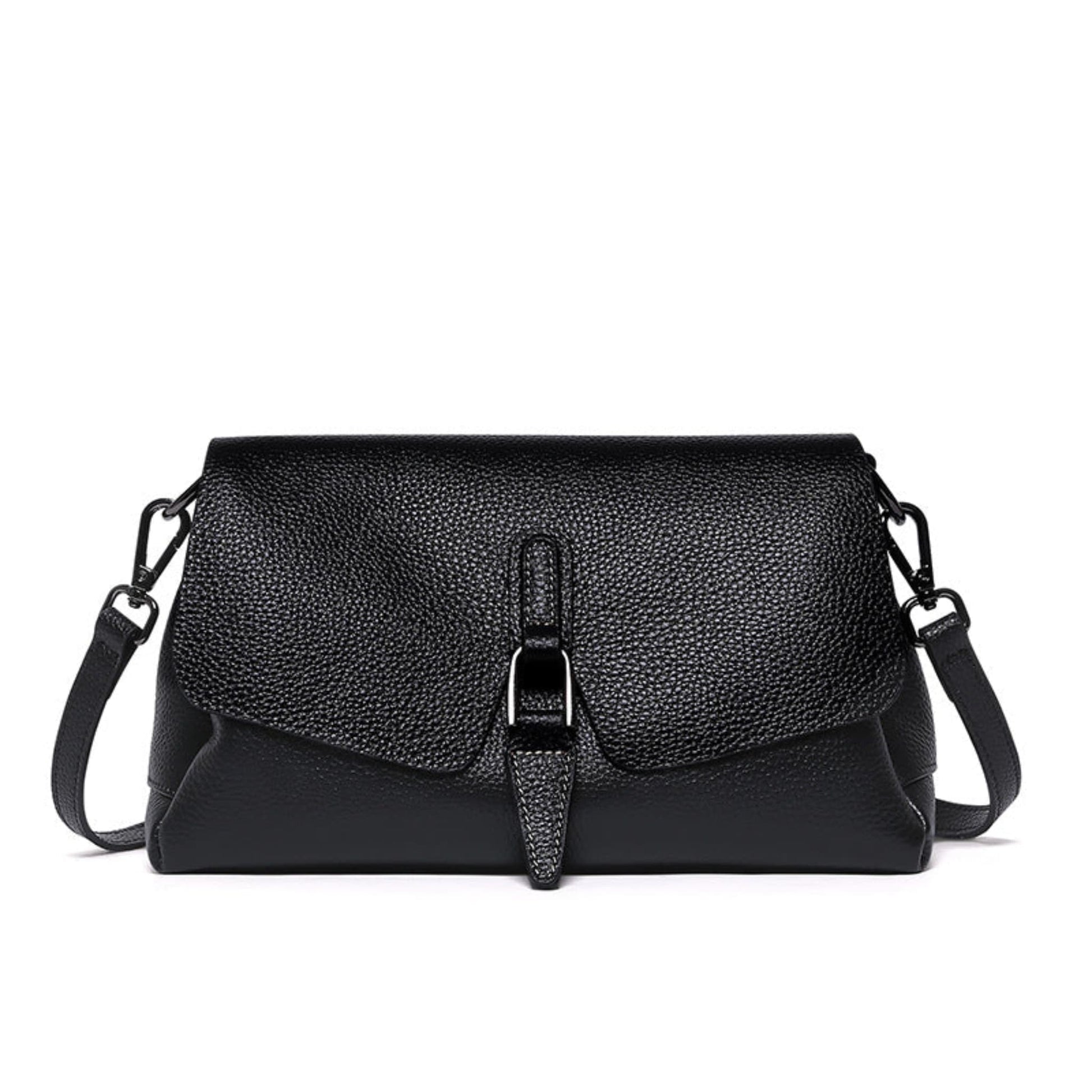woMen's soft leather shoulder messenger bag in black on white background front view | Avenue