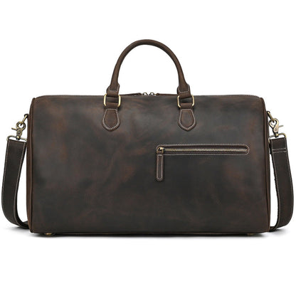 Avenue Retro Crazy Horse Leather Travel Bag in Dark Brown — front view with detachable shoulder strap, gold zipper pocket and dual top handles — genuine leather duffle bag — white background