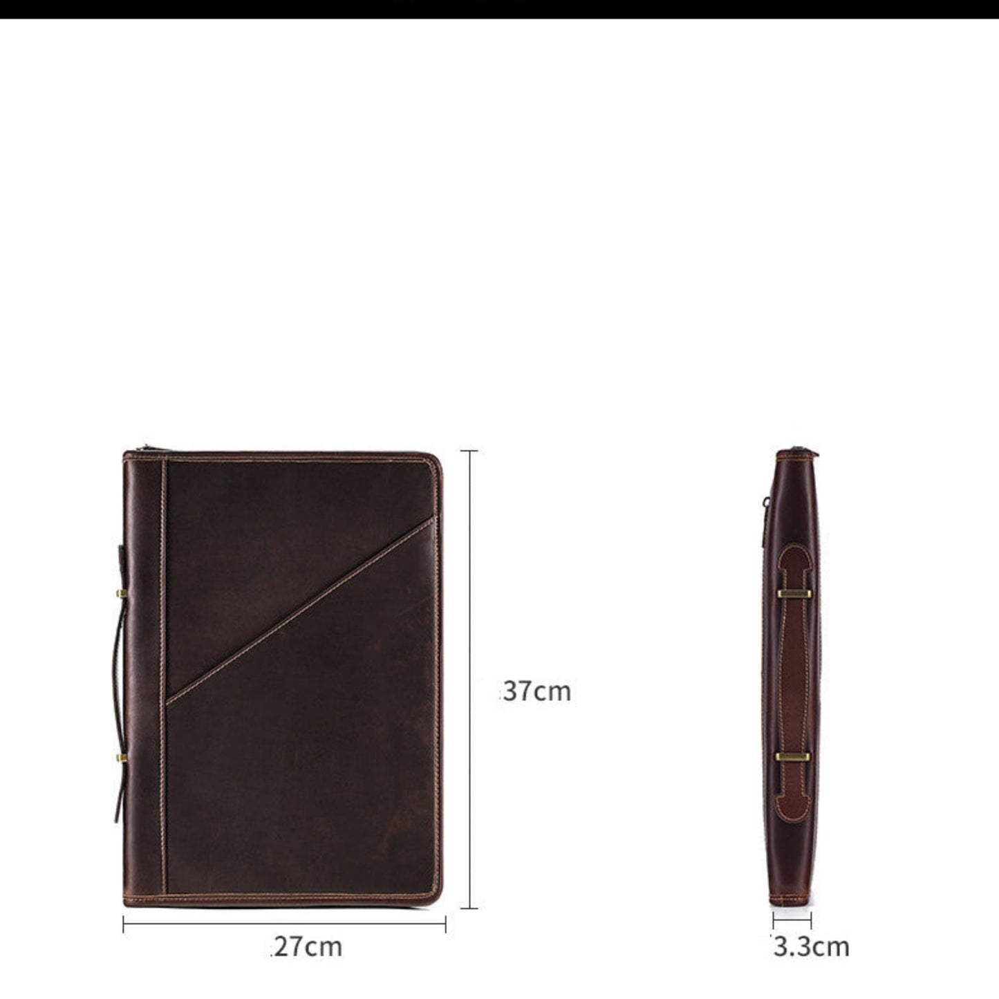 Avenue Crazy Horse Leather Laptop Bag – 14 Inch Vintage Briefcase Handbag in Coffee, dimensions view showing 27cm width, 37cm height, and 3.3cm depth