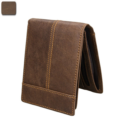 Avenue brown RFID Crazy Horse Leather Short Wallet shown partially open, with a vintage finish and contrast stitching on a white background.