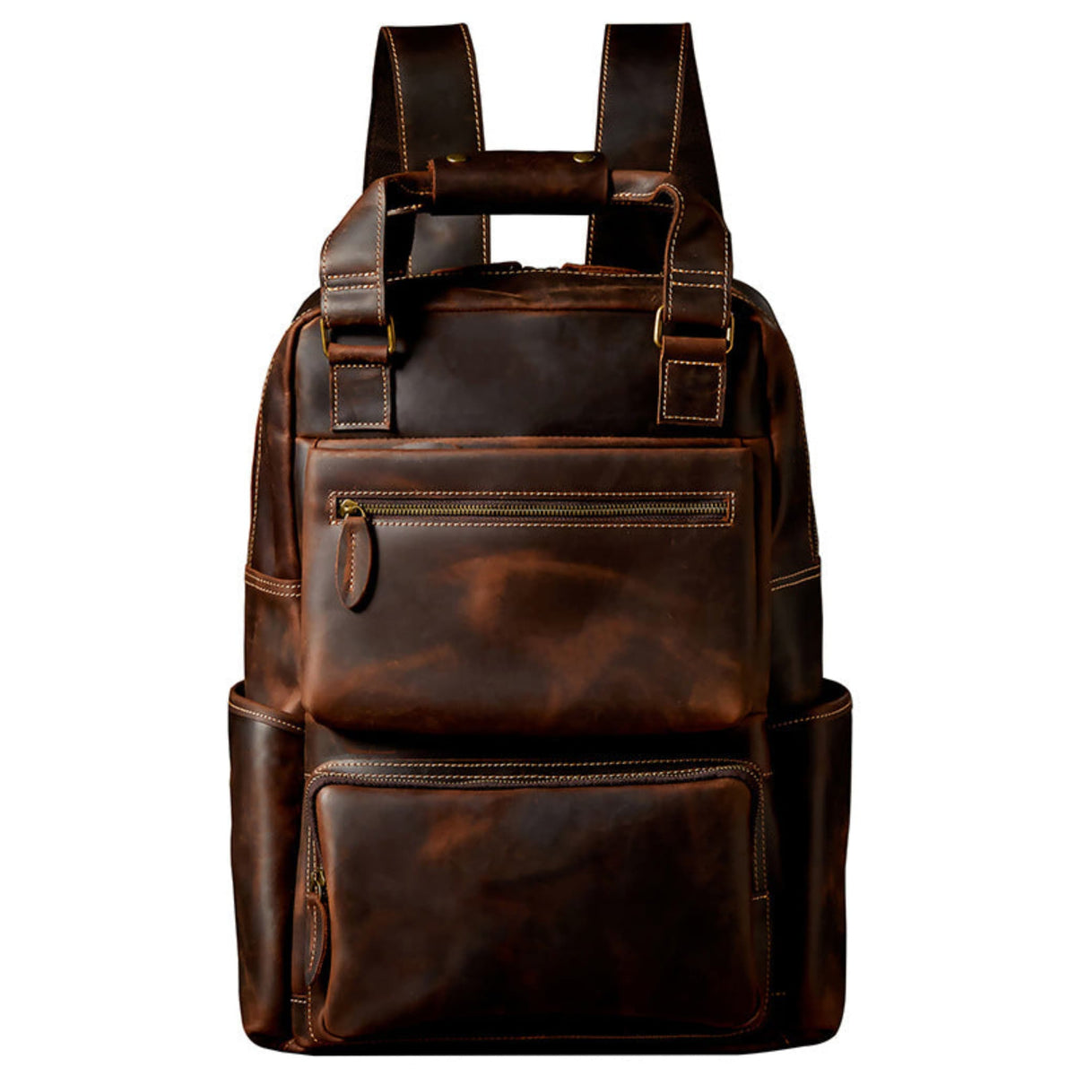 Unisex handmade retro crazy horse leather oversized backpack in brown, front view showing double shoulder straps, antique brass zipper hardware and multi-pocket design | Avenue