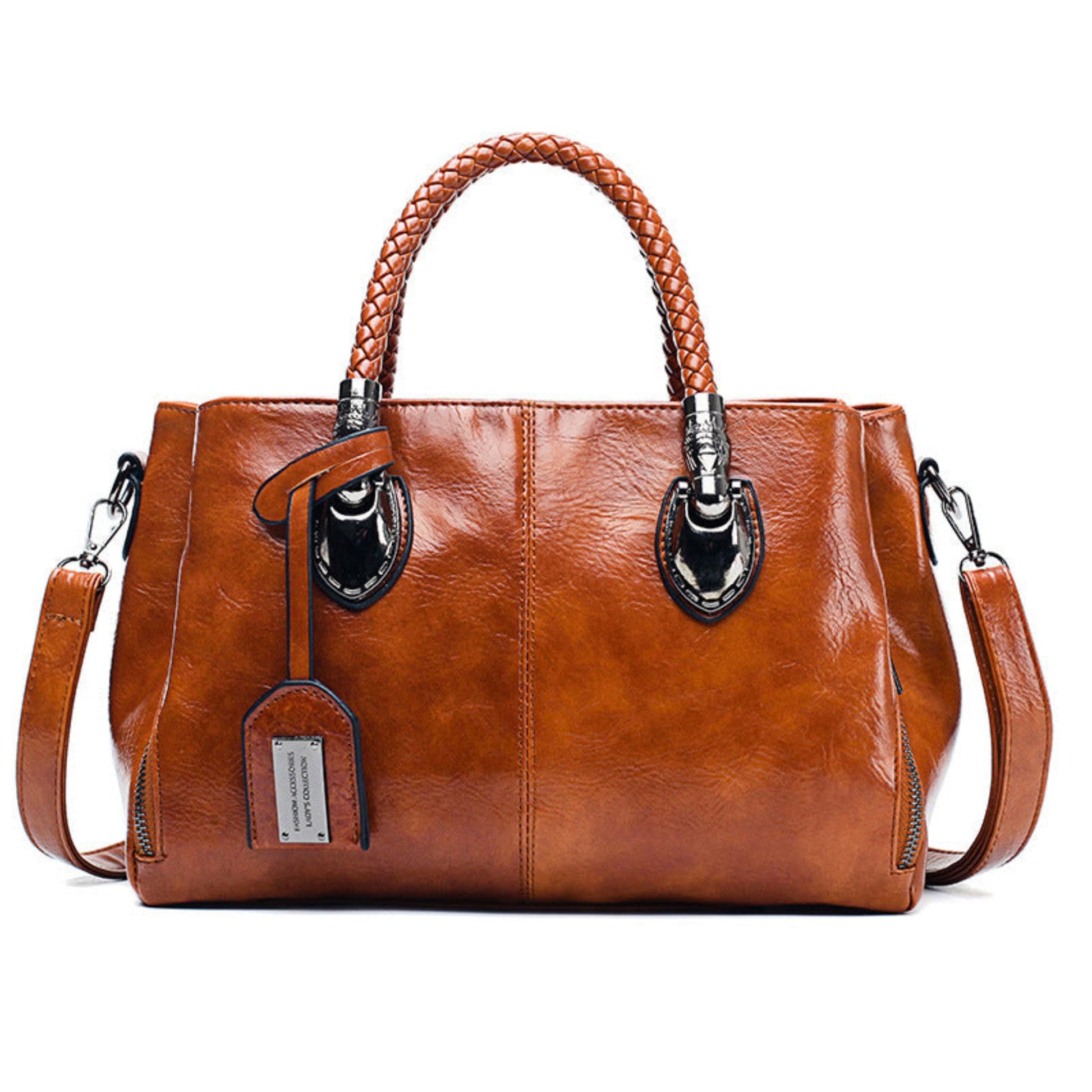 Women's vintage oil wax PU handbag in Brown with braided handle on white background front view | Avenue