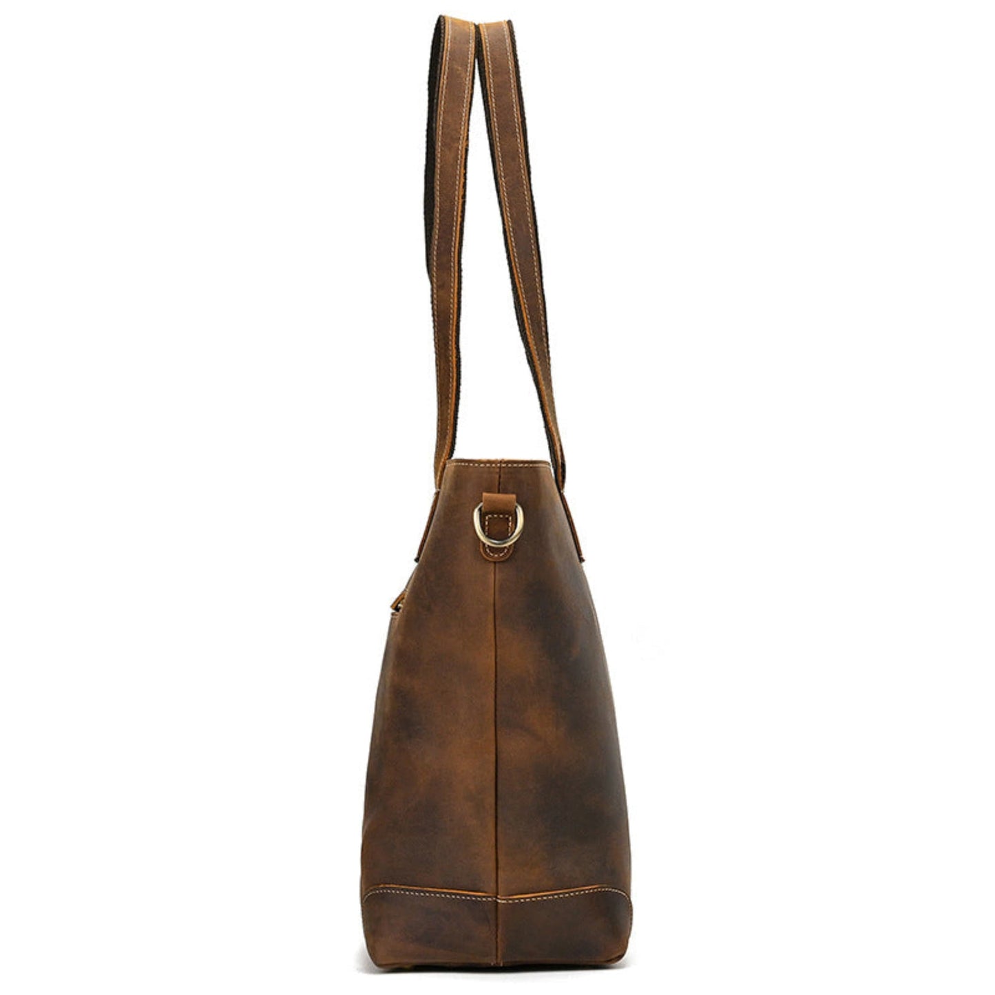 Avenue Crazy Horse Genuine Leather Tote Bag 1097 – Brown, side view, gold D-ring, contrast stitching, tapered base