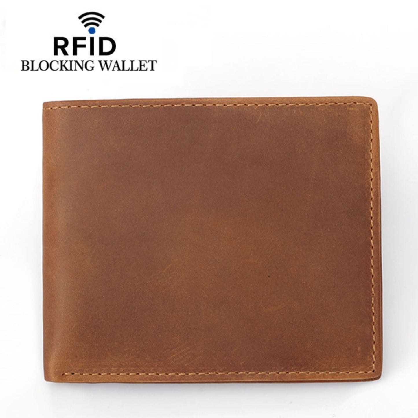 Men's premium crazy horse brown RFID protected leather wallet front view | Avenue