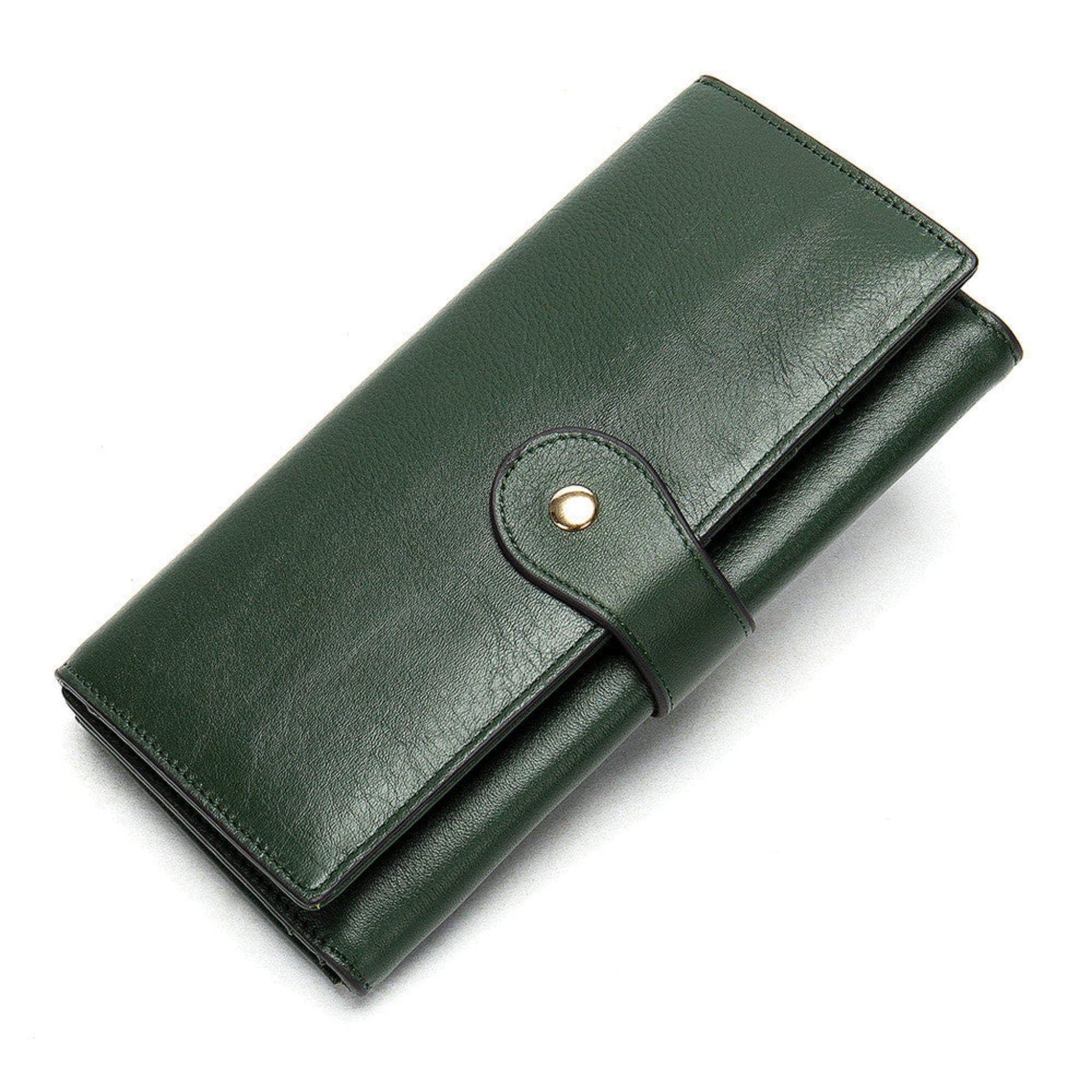 RFID Protected Women's Leather Wallet in Green with Gold Snap Closure – Front View | Avenue