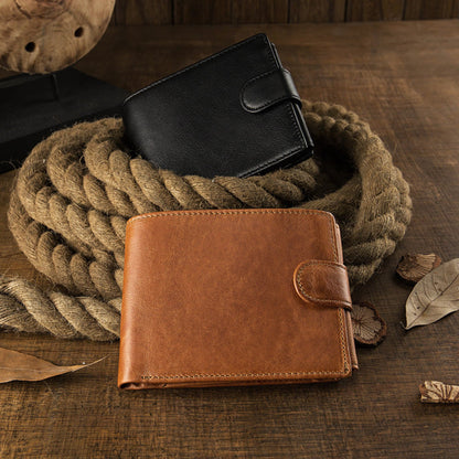 Avenue Men's Short Leather Wallet – Genuine Cowhide in Brown and Black with snap closure, displayed on rustic rope and wooden surface