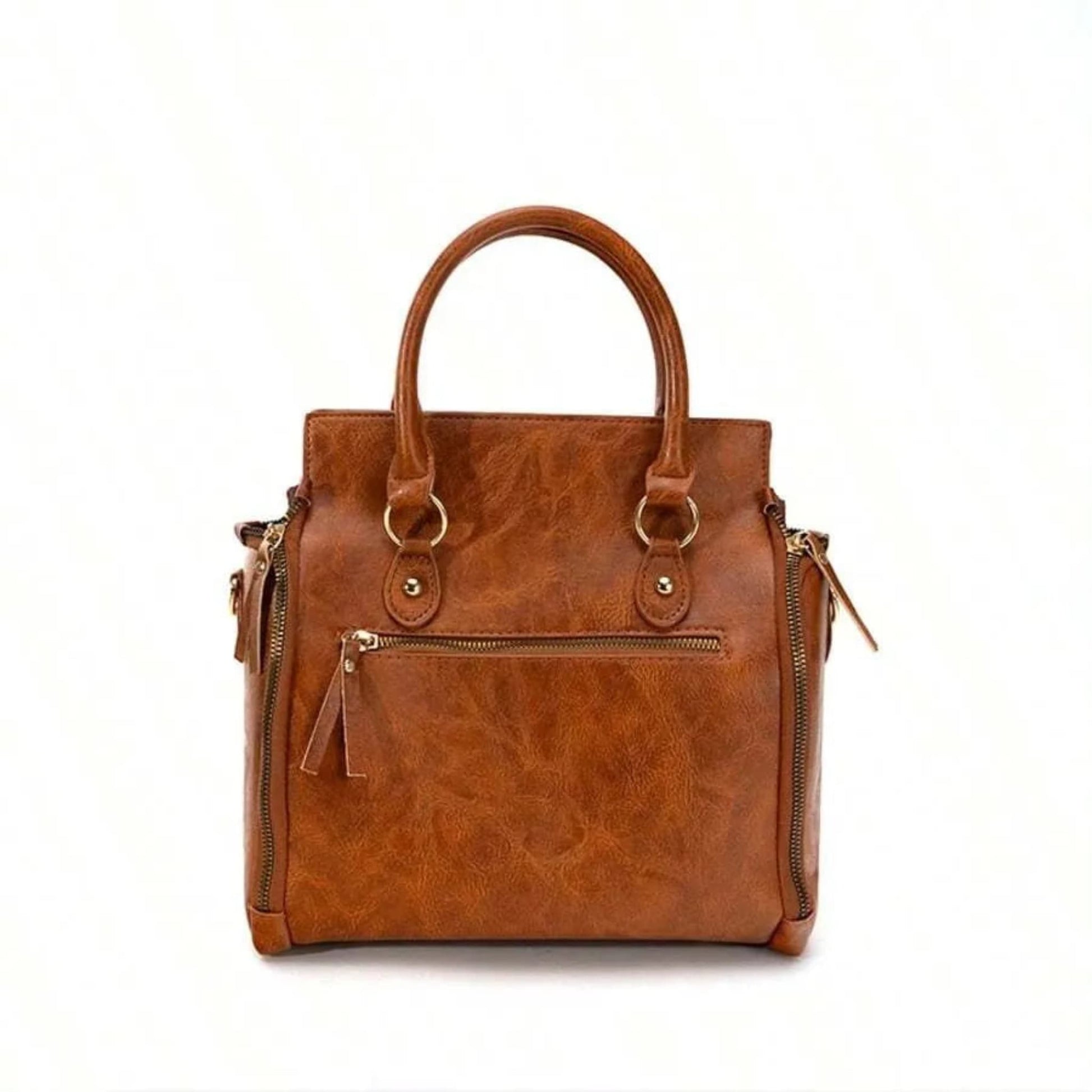 Ladies glossy vintage tote bag in camel with gold accents and zipper, front view on white background | Avenue