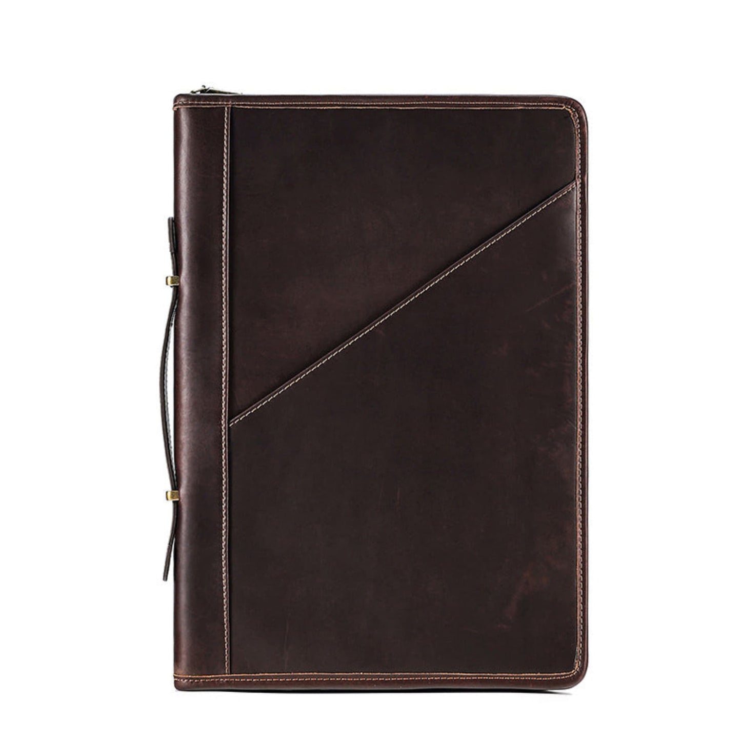 Avenue Crazy Horse Leather Laptop Bag – 14 Inch Vintage Briefcase Handbag in Coffee, front view showing diagonal stitch detail, side zipper, and brass hardware
