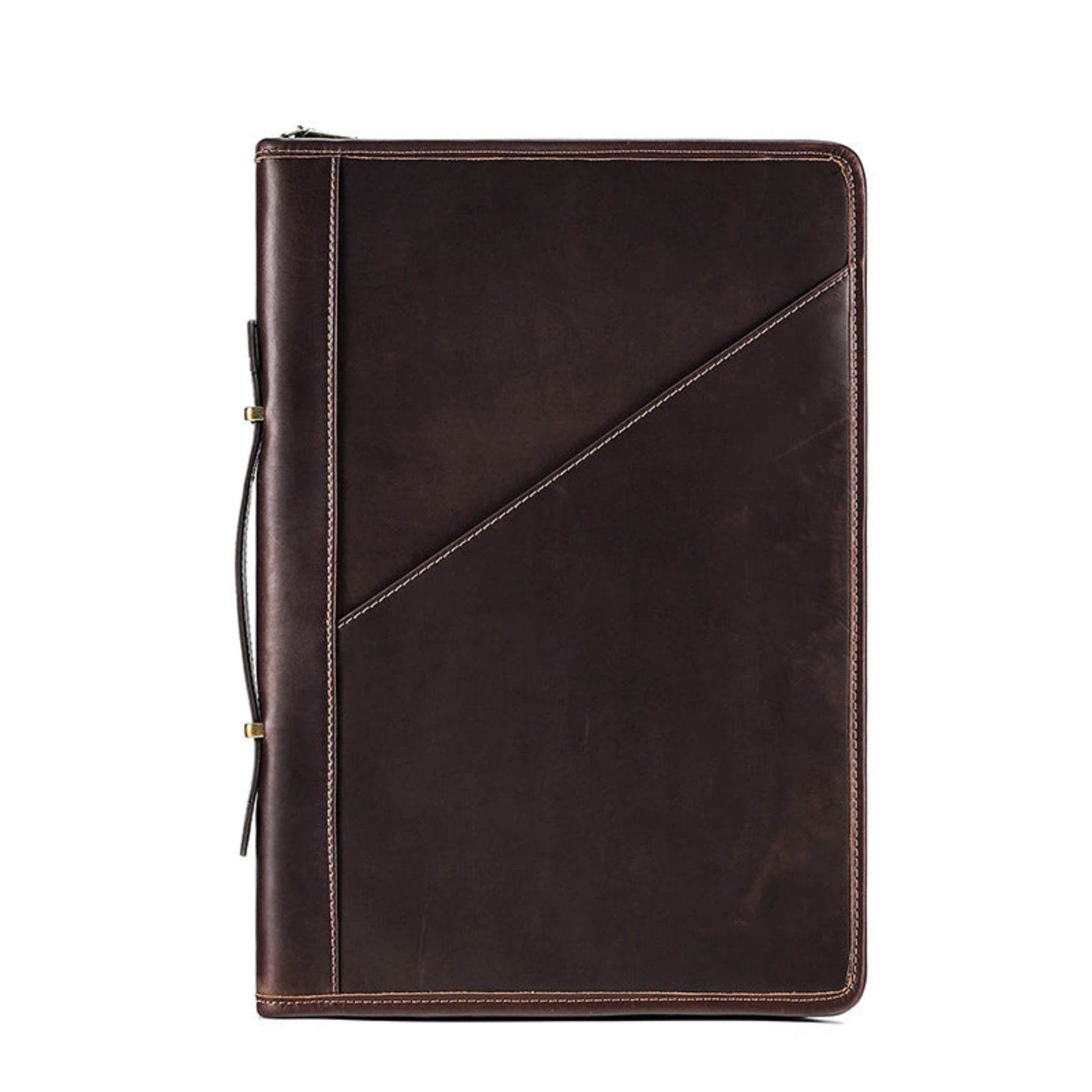 Avenue Crazy Horse Leather Laptop Bag – 14 Inch Vintage Briefcase Handbag in Coffee, front view showing diagonal stitch detail, side zipper, and brass hardware