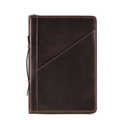 Avenue Crazy Horse Leather Laptop Bag – 14 Inch Vintage Briefcase Handbag in Coffee, front view showing diagonal stitch detail, side zipper, and brass hardware