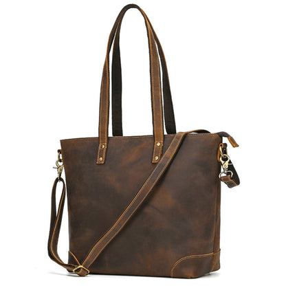 Avenue Crazy Horse Genuine Leather Tote Bag 1097 – Brown, back view, crossbody strap, gold hardware"