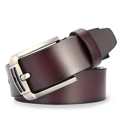 Men's leather belt with silver double hollow lines pin buckle in coffee on white background | Avenue