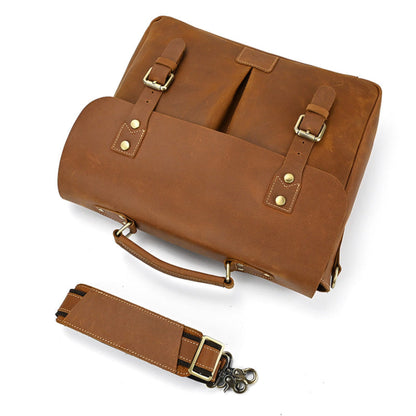 Men's Crazy Horse Leather Crossbody Bag – Top Layer Cowhide Messenger Bag in Brown, overhead view on white background showing front flap with dual buckle straps, brass stud detailing and detachable adjustable shoulder strap | Avenue

